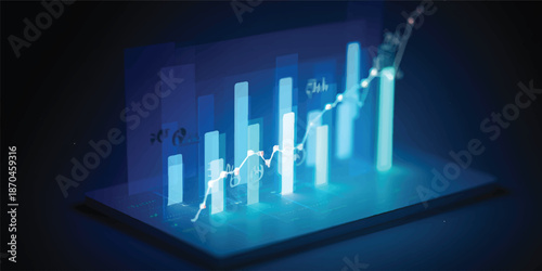 An abstract blue financial stock market graph on a black background displays economic growth and success through a data line resembling a medical heartbeat pulse or ECG monitor