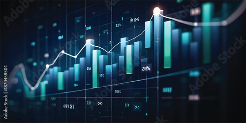 An abstract blue financial stock market graph on a black background displays economic growth and success through a data line resembling a medical heartbeat pulse or ECG monitor