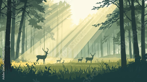 A serene forest clearing with deer silhouetted by sun rays filtering through tall trees, creating a peaceful natural landscape.