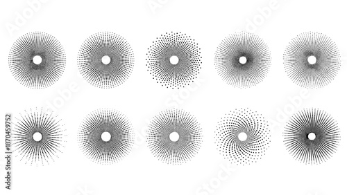 Halftone sunburst radial patterns collection