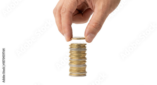 Фотография Hand stacking gold coins on transparent background