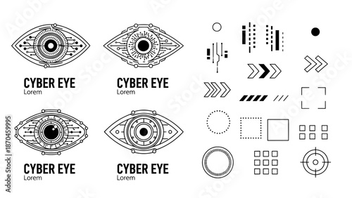Cyber eye logos and futuristic interface elements