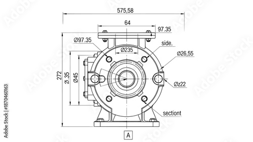 Technical drawing of a pump
