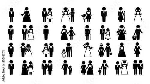 Wedding icons and family figures set