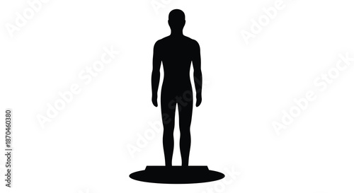A striking full body depiction of a human form presented as a dark bold silhouette