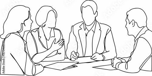 A sketch of five people seated around a table in a meeting