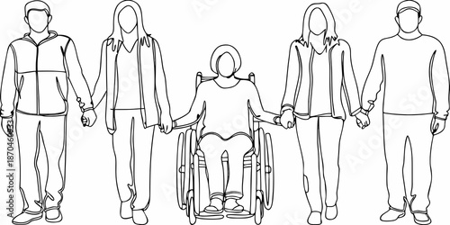 A diverse group of people holding hands including a person in a wheelchair