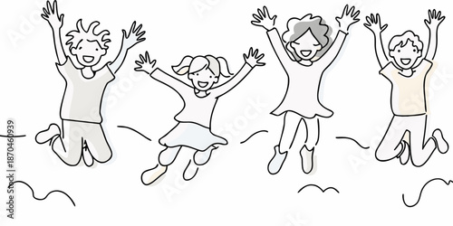 Joyful group of people jumping with arms raised in celebration