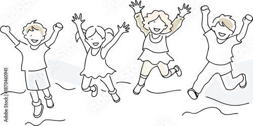Joyful children leaping with arms raised in a celebratory playful moment
