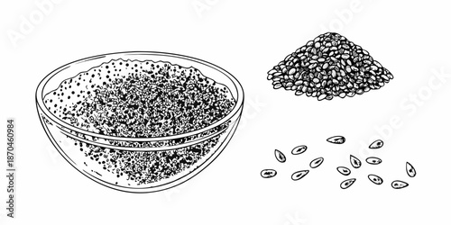 Sketch of chia seeds in a bowl and loose with individual seeds