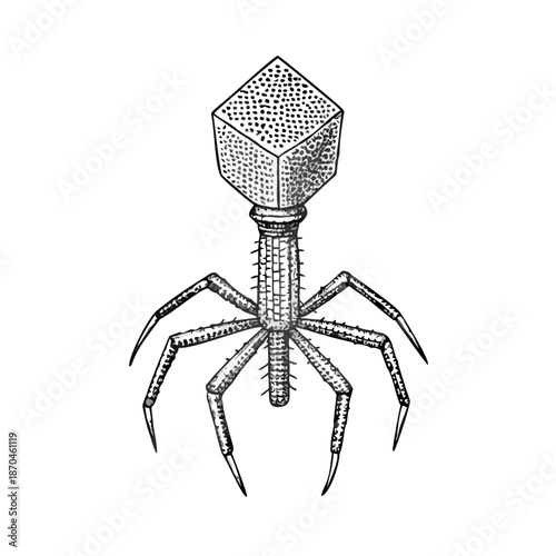 Detailed illustration of a bacteriophage virus structure against a black background