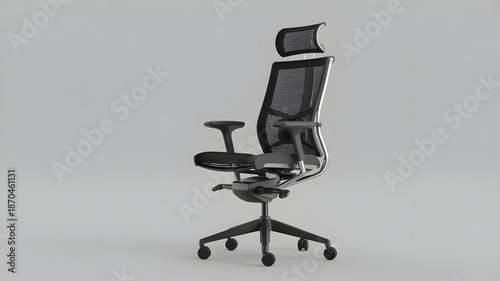 Modern black ergonomic office chair with mesh back and adjustable headrest