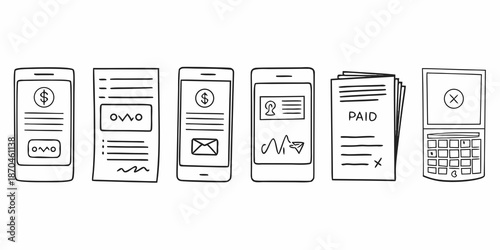 A series of sketched mobile phones and a retro phone with various screens