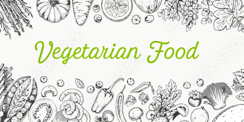 Vintage botanical illustration featuring a variety of fresh fruits and vegetables