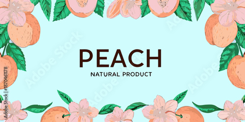A vibrant floral arrangement featuring peaches and blossoms on a light blue background