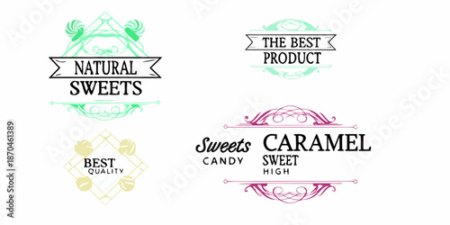 Vintage style logo designs featuring natural sweets caramel and best quality labels