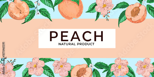 Colorful illustration featuring peaches blossoms and leaves with the word peach