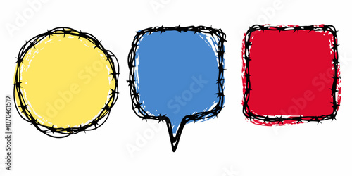 Three colorful speech bubbles yellow blue and red sketched with a rough outline