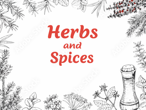 Botanical illustration featuring herbs spices and a vintage salt shaker design
