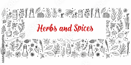 A decorative border featuring hand drawn herbs spices and vintage bottles