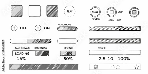 Various media player controls and interface elements in a black and white design