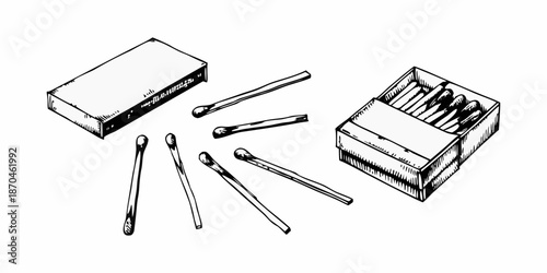 A sketch illustration depicting open and closed matchboxes with scattered matches