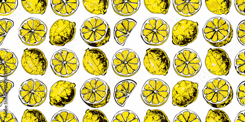 A vibrant pattern of sliced lemons on a clean white background