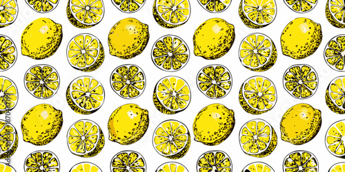 A vibrant pattern of lemons and lemon slices in a repeating design
