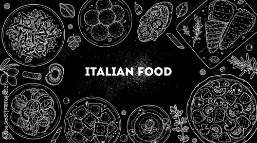 Italian cuisine top view frame. Italian food. Vector drawing illustration. Set of sketches of Italian dishes. Food menu design template. Not AI generated.
