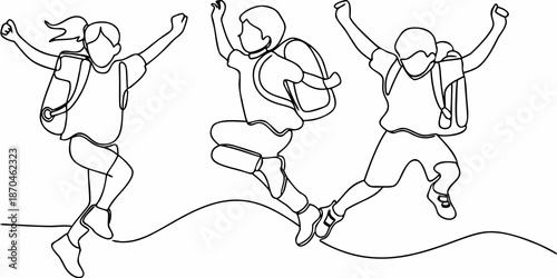 Joyful children jumping with arms raised in a continuous line drawing illustration