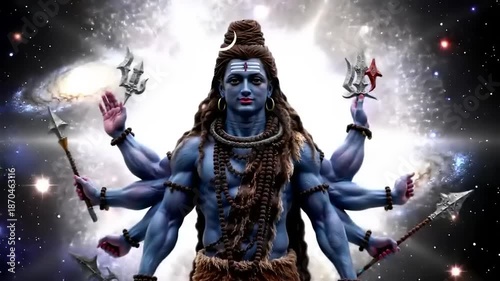Hindu god Shiva with multiple arms, and cosmos.