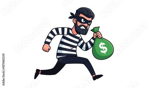 Cartoon burglar running with a stolen money bag