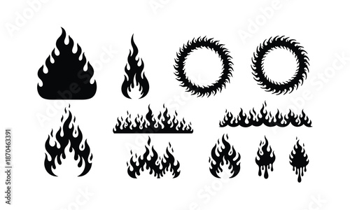 Collection of various black silhouette flame and fire shapes