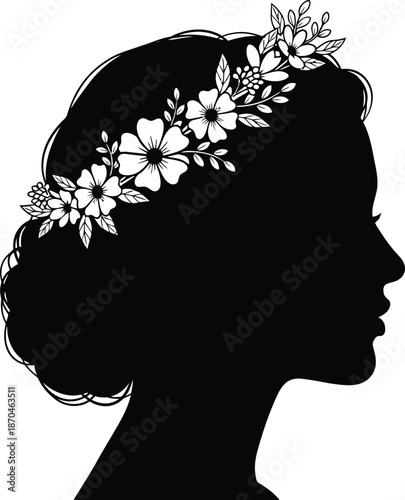 Silhouette of woman with floral headband isolated on transparent background