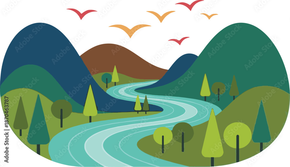 Fototapeta premium Minimalist nature landscape illustration with colorful mountains, winding river and pine forest in flat design style