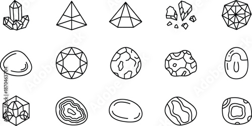 A collection of black and white line art icons depicting various gemstones and minerals