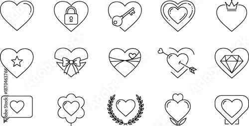 A diverse collection of line art heart icons representing various aspects of love and emotion