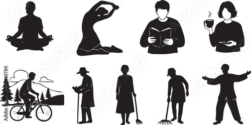 Silhouette icons of people in various activities and poses