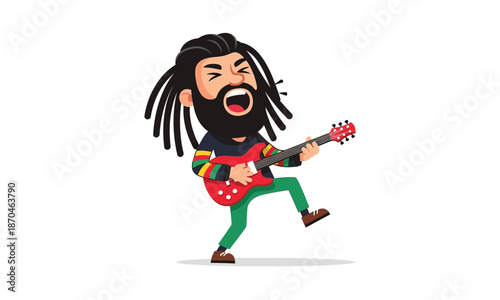 Reggae musician playing electric guitar cartoon man singing character