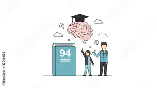 Man points to graduate brain above book with people learning outside