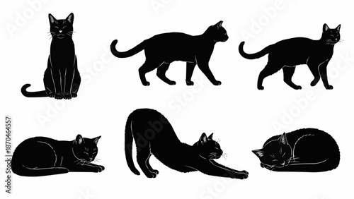 Collection of Black Cat Silhouettes in Various Poses.