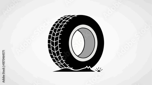 Black car tire with tread pattern on a white background.