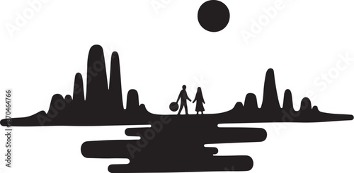 Couple walking on beach at sunset silhouette illustration