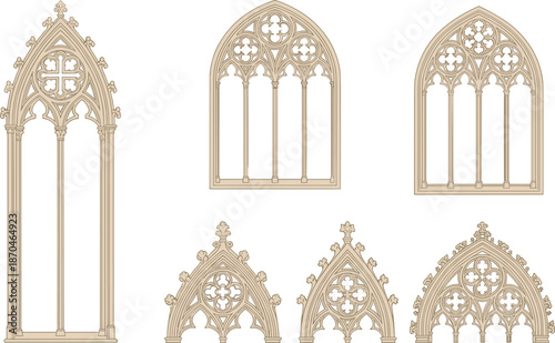Gothic window tracery illustration, pointed arches, ornate stonework, quatrefoil trefoil patterns, medieval architecture, decorative finials, historic design elements