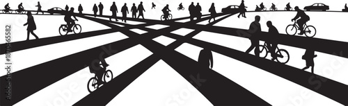 Silhouettes of people crossing at busy city intersection