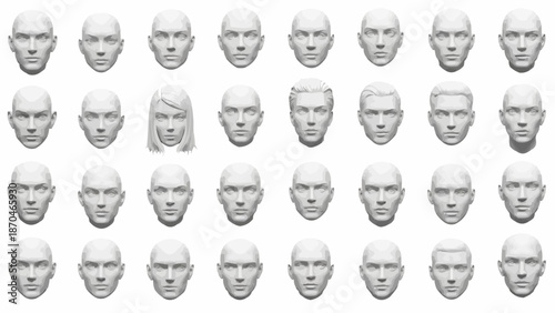 Many identical white male head busts with varying hairstyles and expressions.
