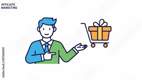 Man pointing to shopping cart with gift box affiliate marketing concept.