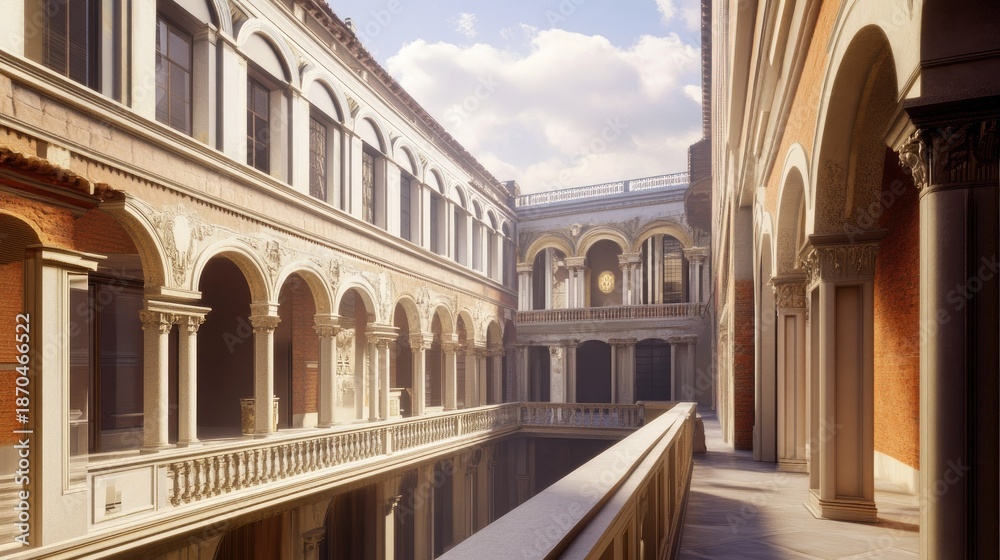 Fototapeta premium Majestic Courtyard Architecture: A Sunlit Architectural Marvel