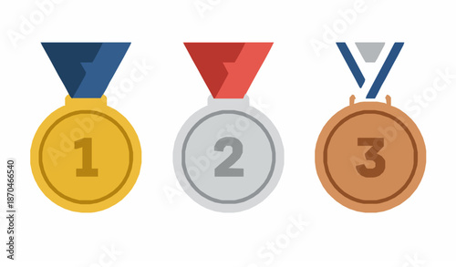 Gold silver bronze winner medals first second third place flat vector illustration set