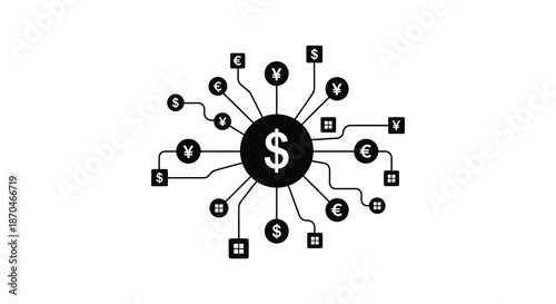A conceptual network of global currencies radiating from a central dollar sign silhouette
